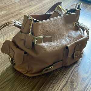 Genuine Leather Tan Shoulder Bag Cargo Pockets Gold Buckle Hardware